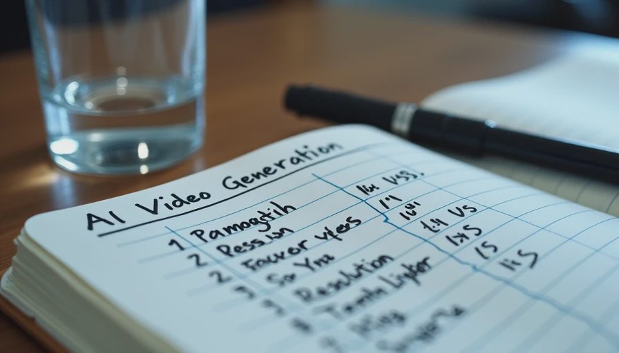 Documentary photo of an open notebook with handwritten AI video workflow parameters, seeds, and testing notes on a desk.