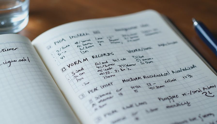 Documentary photo of an open notebook with handwritten AI workflow parameters, seeds, and VRAM notes on a desk.