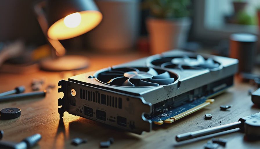 Documentary photo of a secondhand RTX 3090 graphics card on a workbench with repair tools under a desk lamp.