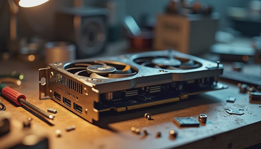 Documentary photo of a secondhand RTX 3090 graphics card on a workbench with repair tools under a desk lamp.