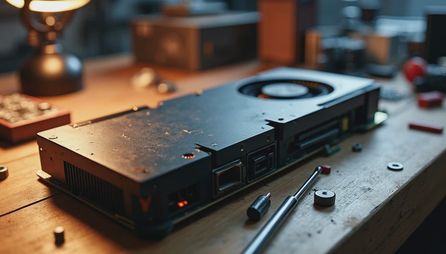 Documentary photo of a secondhand RTX 3090 graphics card on a workbench with repair tools under a desk lamp.