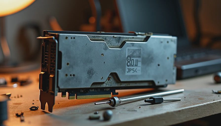 Documentary photo of a secondhand RTX 3090 graphics card on a workbench with repair tools under a desk lamp.