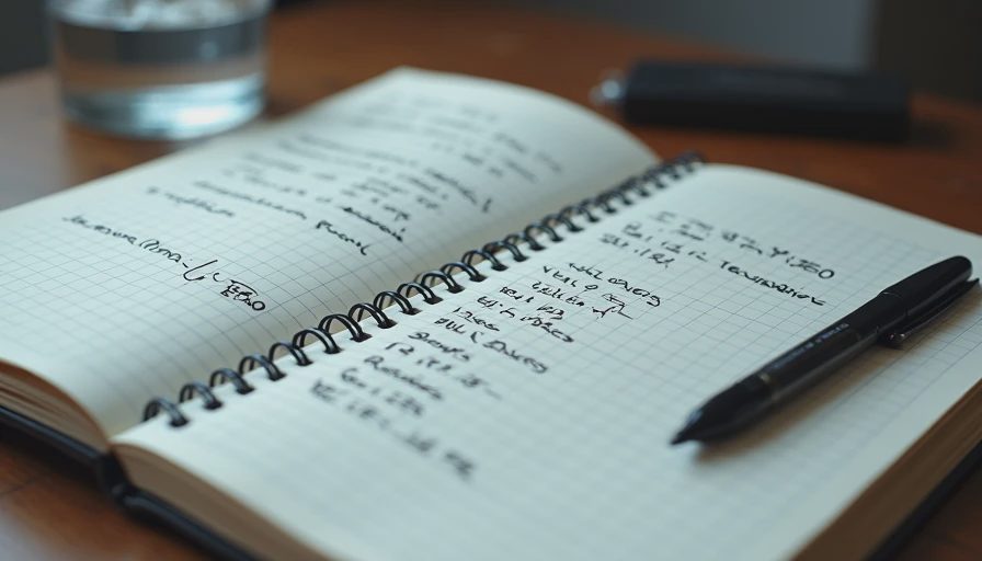 Documentary photo of an open notebook with handwritten AI video workflow parameters, seeds, and testing notes on a desk.