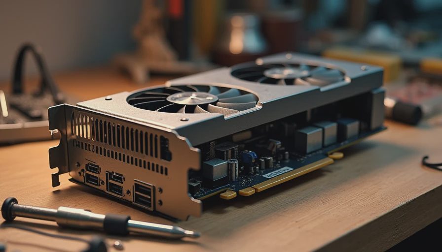 Documentary photo of a secondhand RTX 3090 graphics card on a workbench with repair tools under a desk lamp.