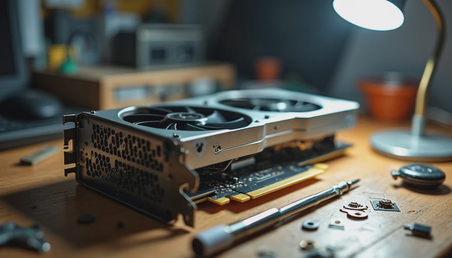 Documentary photo of a secondhand RTX 3090 graphics card on a workbench with repair tools under a desk lamp.