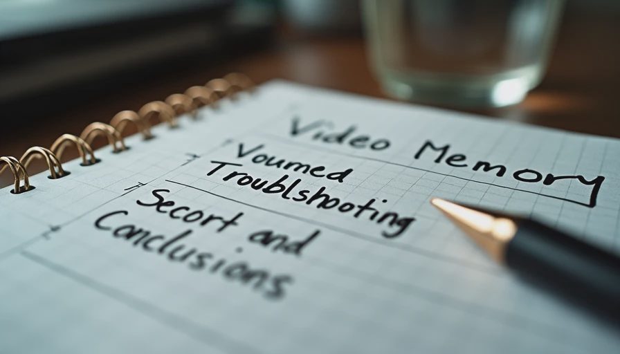 Documentary photo of an open notebook with handwritten VRAM diagnostic checklist and testing notes on a desk.