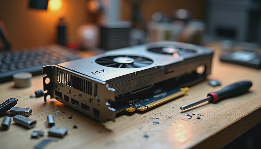 Documentary photo of a secondhand RTX 3090 graphics card on a workbench with repair tools under a desk lamp.